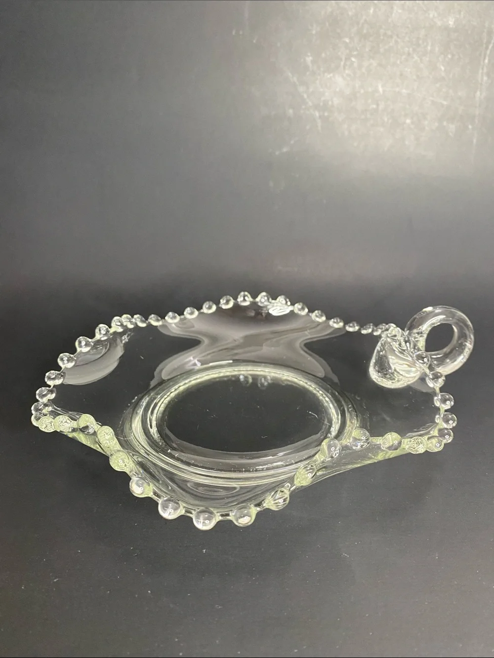 Vintage Imperial Glass Candlewick Handled Nappy Bowl Wavy Crimped Ruffled Edges